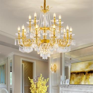 Imagem de Lustre de cristal de luxo europeu com LED, estilo americano, dourado, para sala de estar, restaurante, quarto, casa, hotel, duplex, luminária pendente (D 15 lâmpadas)