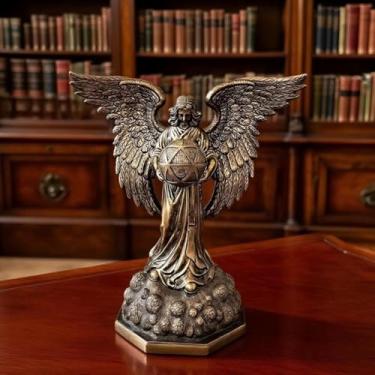 Imagem de Semeid Escultura vintage de estátua de arcanjo Metatron de resina dourada - Estatueta de anjo de geometria sagrada espiritual para casa, sala de estar, quarto, escritório, meditação, espaço, decoração