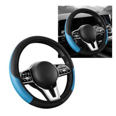 Imagem de MTRPS Capa de volante de carro, protetor de volante elástico antiderrapante com costura de couro de 38 cm, capa de volante respirável e confortável universal para a maioria dos veículos (preto e azul