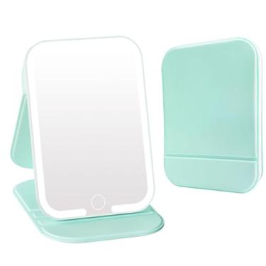 Imagem de ZHUOTHAN Espelho de viagem recarregável com luz, espelho de maquiagem de LED com luzes, espelho de maquiagem portátil com iluminação de 3 cores, espelho cosmético iluminado por toque, itens essenciais