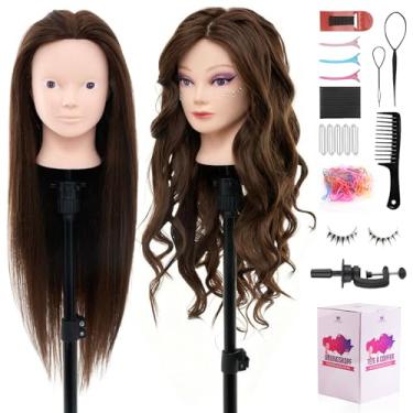 Imagem de Cabeça de manequim de 71 cm com 80% cabelo humano, cabeça de boneca manequim de maquiagem cosmetologia para penteado, cabeça de trança de prática de treinamento com grampo de mesa, conjunto de