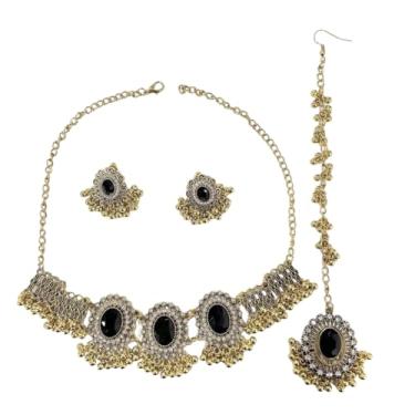 Imagem de Colar gargantilha étnica indiana Jhumka com borla oval de strass Maang Tikka Conjunto de 3 peças Boêmio Oxidado Tradicional Cristal Jhumki Retrô Bollywood Declaração Cigana Casamento Joias para
