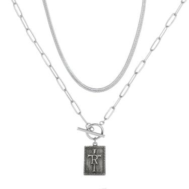 Imagem de MANZHEN Conjunto de colar de cruz com inicial em camadas, corrente de cobra prata com pingente de letra quadrada, gargantilha feminina com fecho de botão, 18 Inches, Metal, Sem Pedra Preciosa