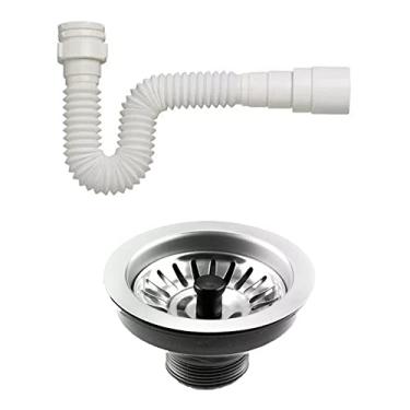Imagem de Válvula Pia Cozinha Americana Em Aço Inox 3.1/2 + Sifão Flexível Universal Branco Ajustável