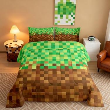 Imagem de Manfei Conjunto de edredom pixelado, tamanho Queen, videogame, gamepad, mineiros, decoração de quarto de adultos, conjunto de cama de grade geométrica, marrom e verde, enchimento interno de microfibra