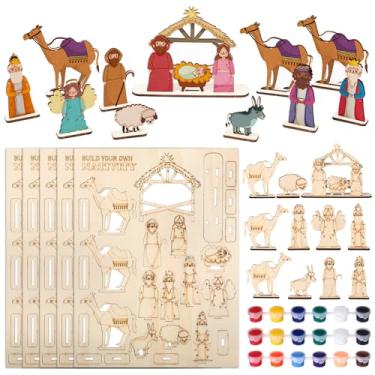 Imagem de Gerrii 24 conjuntos de artesanato de Natal de madeira para pintar kits de artesanato de colorir com tinta, decorações faça você mesmo, artesanato religioso, brinquedo de presépio domingo, escola