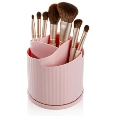 Imagem de Anyoifax Organizador giratório de pincéis de maquiagem 360 com 5 compartimentos, copo em forma de flor, porta-canetas giratórias para penteadeira, cosméticos, batons, rosa