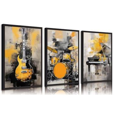 Imagem de 3 peças de arte de parede em tela de grafite de instrumento musical amarelo guitarra elétrica jazz tambor piano pôsteres impressões estilo instrumento de música pop decoração de parede imagens para