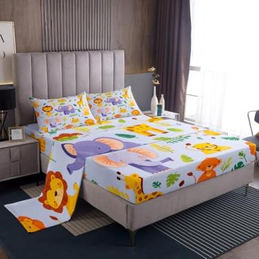 Imagem de Manfei Jogo de lençol King com elástico de animais selvagens, animais da selva, 4 peças, lindo zoológico, girafa, leão, adolescentes (1 lençol com elástico, 1 lençol de cima, 2 fronhas)