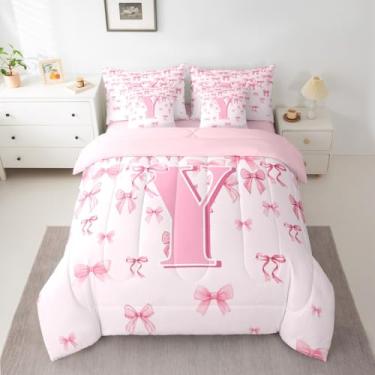 Imagem de jejeloiu Conjunto de edredom com laço rosa para meninas, 7 peças, solteiro, com laço fofo, para crianças, meninos, meninas, letra Y, para decoração de quarto, monograma, laço coquete, microfibra leve