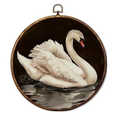 Imagem de Fyecoluo Arte de parede vintage Moody Swan em tela redonda, arte em tela emoldurada de cisne branco romântico Dark Academia Dark Academia, Impressões de pendurar na parede de círculo de animais
