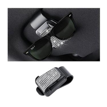 Imagem de FALVFUN Suporte para óculos de sol Bling Car Sun Visor, suporte de gancho de óculos de cristal de strass, organizador de cartão de bilhete de diamante brilhante para mulheres e meninas, universal para