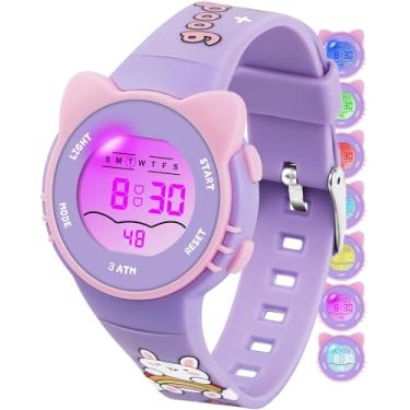 Imagem de Relógios digitais infantis para meninas e meninos, 7 luzes coloridas, à prova d'água, lindos relógios de pulso para crianças com cronômetro de alarme, ótimo presente para meninas e meninos de 5 a 13