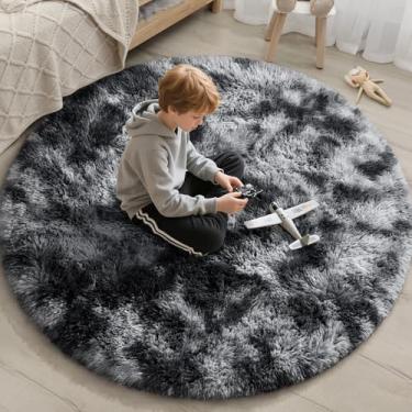 Imagem de EVOIONOS Tapete redondo cinza escuro tingido para sala de estar, 1,8 x 1,8 m, tapetes macios e macios para quarto, tapete circular felpudo de pelúcia para uso interno, cabeceira, berçário, lavável na