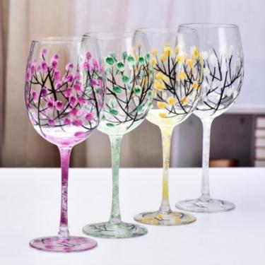 Imagem de 4 peças de taças de vinho pintadas à mão, quatro estações, caule de árvore, taças de vinho, colorido, outono, cálice de cristal, presente para anfitriã, aniversários, casamentos, festa de inauguração