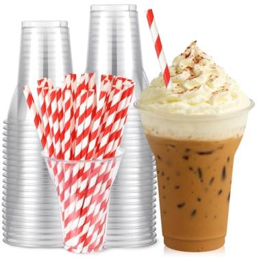 Imagem de Baderke 50 conjuntos de copos parfait de plástico transparente com canudos de papel vermelho descartáveis de raiz de cerveja copos de sorvete Sunda de Natal para iogurte milk shake festa bebidas (425