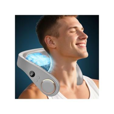 Imagem de QMKKX Ventilador de pescoço portátil recarregável, peça fria de ventiladores de pescoço de metal que sopra ar frio, 3-19,5 horas de longa duração silenciosa pendurar faixa de pescoço, resfriador de