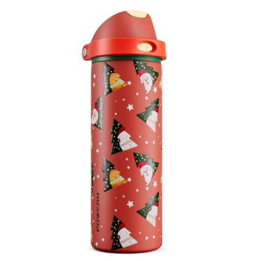 Imagem de POWCAN Garrafa de água isolada de Natal de 680 g: bico de botão de pressão 2 em 1 e canudo de deslizamento rápido, à prova de vazamento, compatível com porta-copos de carro, garrafa de água de aço