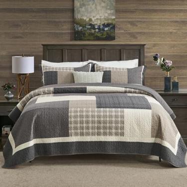 Imagem de DDUOXIN Conjunto de colcha queen xadrez Farmhouse - 100% algodão com 2 fronhas, colcha leve e fina, conjunto de cama para todas as estações, bege/marrom esverdeado/cinza, Queen (228 cm L x 248 cm C)