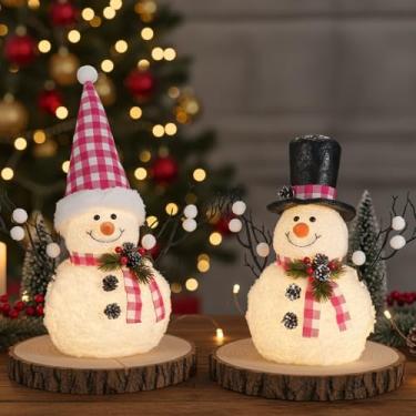 Imagem de Pacote com 2 decorações de mesa de Natal, bonecos de neve iluminados de pelúcia de 35,5 cm, árvores de Natal com galhos de pinha, presente de feriado de boneco de neve iluminado, enfeites de mesa de