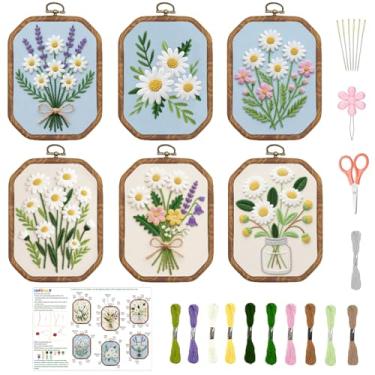 Imagem de INFUNLY 6 conjuntos de kit de bordado octógono margarida para iniciantes, kit inicial de bordado com estampa de lavanda 29 x 29 cm, flores vintage, conjunto de bordado com costura à mão com instruções