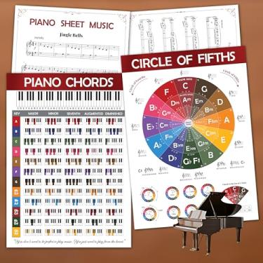 Imagem de EXCOOL CLUB Pôster laminado de acordes de piano - partituras de teclado para iniciantes, acessórios de piano para notas musicais para adultos, círculo de quintas rodas gráficos musicais para teclado