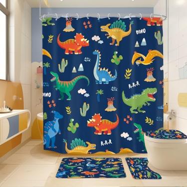 Imagem de Mitpok Conjunto de cortina de chuveiro infantil de dinossauro, conjunto de banheiro infantil para meninos, 72Lx72H desenho animado dinossauro fofo engraçado decoração de banheiro antiderrapante tapete