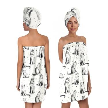 Imagem de YWMAN Conjunto de envoltório de banho de microfibra com turbante de cabelo, estampa de gato, 150 x 79 cm, toalha de spa macia