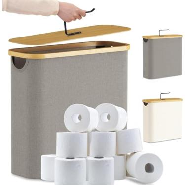 Imagem de Armazenamento de papel higiênico com suporte de metal e tampa de bambu, comporta 24 rolos de papel higiênico, suporte de papel higiênico à prova de umidade, organizador de acessórios de banheiro da