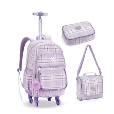 Imagem de Kit Escolar Juvenil com Mochila de Rodinhas 360°, Bolsa Lancheira e Estojo, Padrão Xadrez, 3 Peças (Lilas)