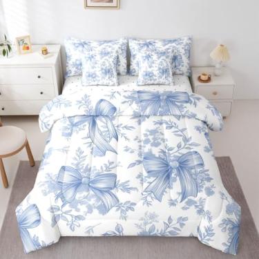 Imagem de Erosebridal Conjunto de cama com laço azul, floral, 7 peças, solteiro, azul, com gravata borboleta kawaii, para crianças, meninos e meninas