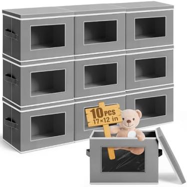 Imagem de Threehoney 10 unidades de cubo de armazenamento de tecido com tampa, caixas de armazenamento de tecido de 43 x 30 cm com alça de janela, cesta organizadora de cubo dobrável para prateleiras, armário