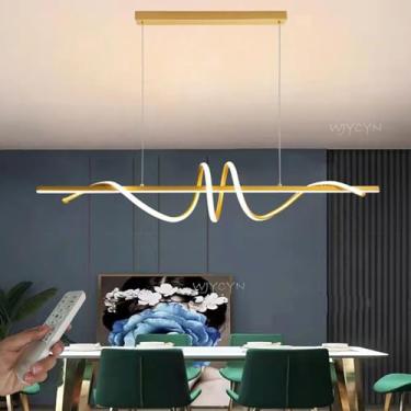 Imagem de Luminária pendente LED dimerizável para sala de jantar, dourada, em espiral, com design linear, lustre com controle remoto, em alumínio, para sala de estar, cozinha ou escritório, 120 cm de