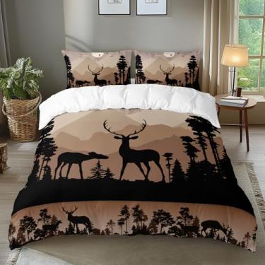 Imagem de AILONEN Conjunto de capa de edredom tamanho queen caça veado - capa de cama rústica para crianças, adolescentes e adultos - capa de colcha de animais da floresta da fazenda + 2 fronhas - 3 peças