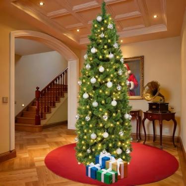 Imagem de Árvore de Natal artificial fina de 1,8 m com 200 luzes de LED brancas quentes, 30 enfeites de bola de prata, árvore de Natal verde artificial fina com suporte de metal para decoração de festa de Natal