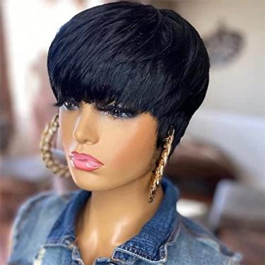 Imagem de Luxclipse Perucas curtas de cabelo real para mulheres negras, corte Pixie liso, perucas Pixie em camadas, sem cola, totalmente feitas à máquina, preto 1B (preto natural, 20 cm)