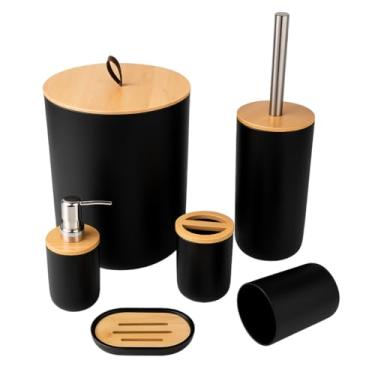 Imagem de Kit para Banheiro Premium Minimalista – Lixeira, Dispenser, Porta-Escova, Copo, Escova Sanitária e Saboneteira | Design Clean, Textura Canelada, Bambu e Inox(6 Peças Preto tampa Fechada)
