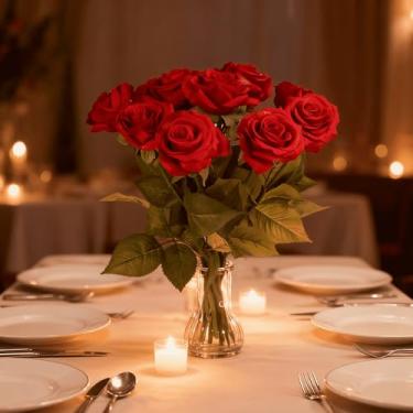 Imagem de Flor de rosa artificial vermelha única, 43 cm de comprimento com embrulho de presente, flor de seda realista para decoração de casa, casamento e centros de mesa de aniversário