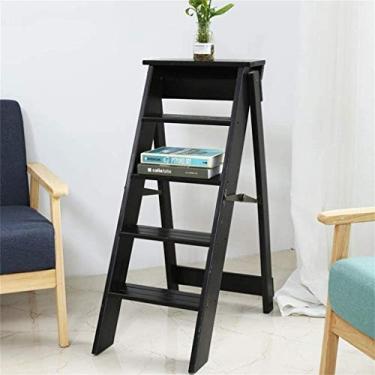 Imagem de Prateleira dobrável de 5 degraus, cadeira dobrável de madeira maciça para biblioteca de cozinha doméstica, preta