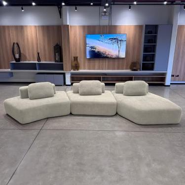 Imagem de Sofá Ilha Sala de Estar 2 Módulos e Chaise Dakota Encosto Almofadas Soltas Bouclê Rústico Greige G33 - Gran Belo