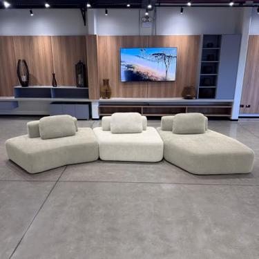Imagem de Sofá Ilha Sala de Estar 2 Módulos e Chaise Dakota Encosto Almofadas Soltas Bouclê Rústico Greige/OffWhite G33 - Gran Belo