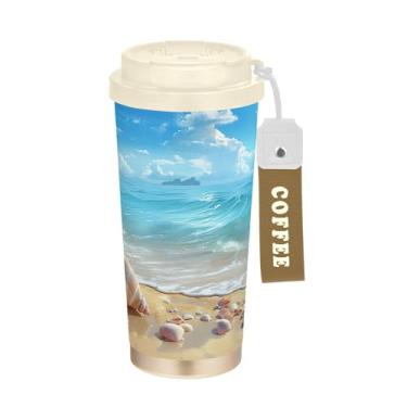 Imagem de SEHANY Caneca de viagem Summer Sea Beach Starfish 482 g Copos de café reutilizáveis revestidos de cerâmica com tampa à prova de vazamento, parede dupla, isolamento a vácuo, copo de café de aço