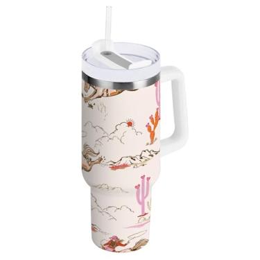 Imagem de xigua Copo vintage Western Cowboy de 850 g com tampa e canudo, aço inoxidável de vácuo duplo isolado garrafa de água esportiva suporte para copo de café de viagem à prova de vazamento para bebida