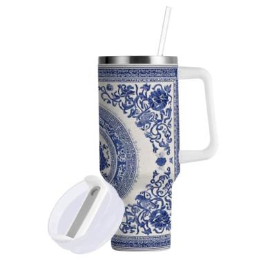 Imagem de ATTX Copo de porcelana azul e branco de 1,134 g com alça - Caneca de viagem de aço inoxidável isolada a vácuo, copo de café à prova de vazamento com canudo #812