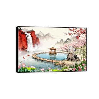 Imagem de BMZFYBS Imagem em tela de paisagem de parede chinoiserie - ponte do lago da montanha - pintura chinesa - impressões em moldura preta para decoração de casa 80 x 120 cm 31 x 47 pol