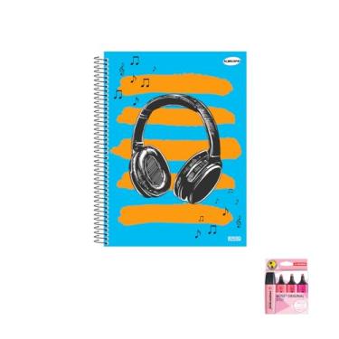 Imagem de Kit Caderno Masculinos 10 Matérias Capa Dura 200 Folhas KBOM + Marca Texto Boss 4 Cores Pink