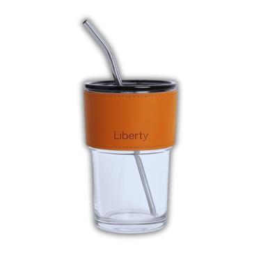 Imagem de Copo de Vidro com Pegador em Couro Sintético, Tampa Vedada e Canudo – Para Bebidas Quentes e Geladas