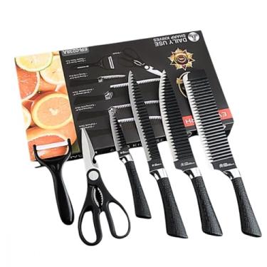 Imagem de Conjunto Jogo de Facas Inox 6 Peças com Descascador e Tesoura – Lâminas Afiadas, Revestimento Antiaderente, Cabo Ergonômico, Ideal para Cozinha, Cortes Precisos e Preparos Diários