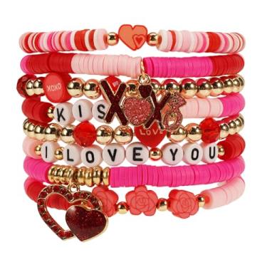 Imagem de Lonext Pulseira elástica com contas para mulheres, estilo boho Y2k, tema do Dia dos Namorados, 18 cm, material de argila, formato redondo, fecho de anel de mola, One Size, Vidro Cristal Argila Vidro