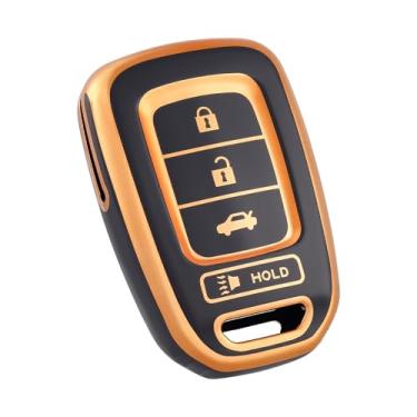 Imagem de OFF WE GO Capa de chaveiro Honda, capa de proteção TPU macia compatível com Honda Accord Civic CR-V LX Crosstour Fit HR-V Acessórios para porta-chaves de carro (dourado preto)